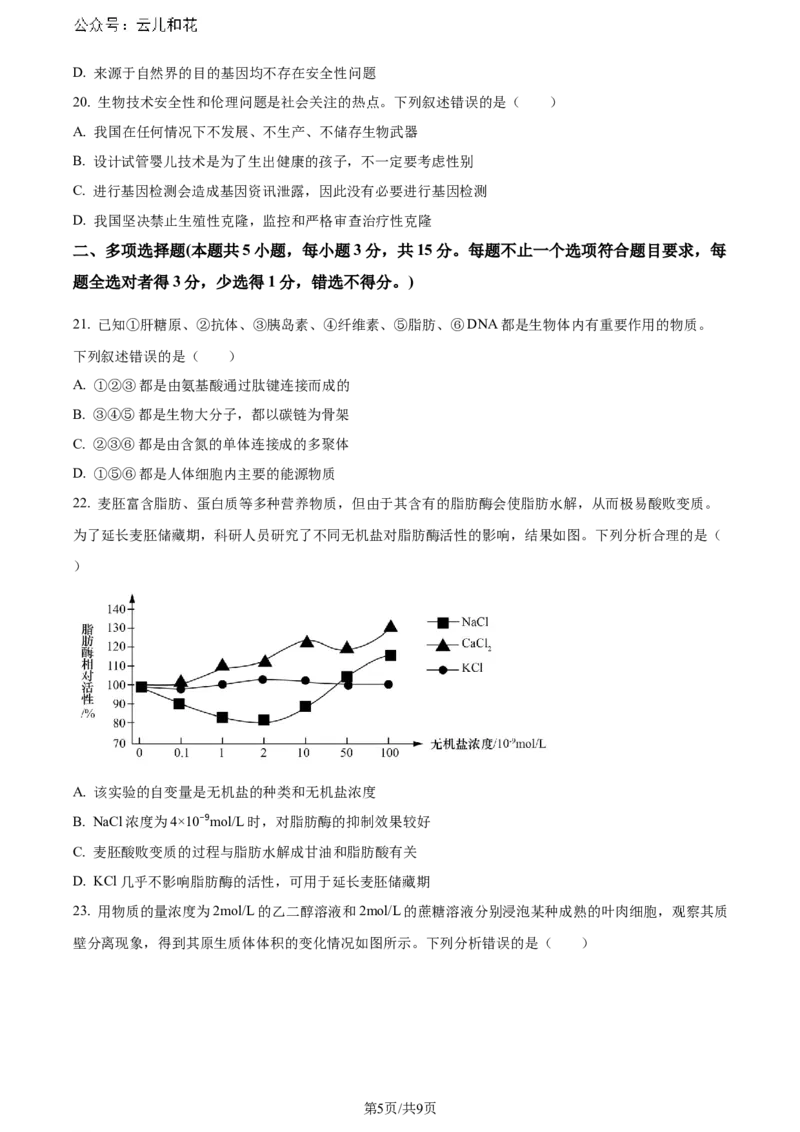精品解析：山西省太原市2023-2024学年高二下学期7月期末生物试题（原卷版）_2024-2025高二（7-7月题库）_2024年07月试卷_0707山西省太原市2024年第二学期高二期末学业诊断试题及答案