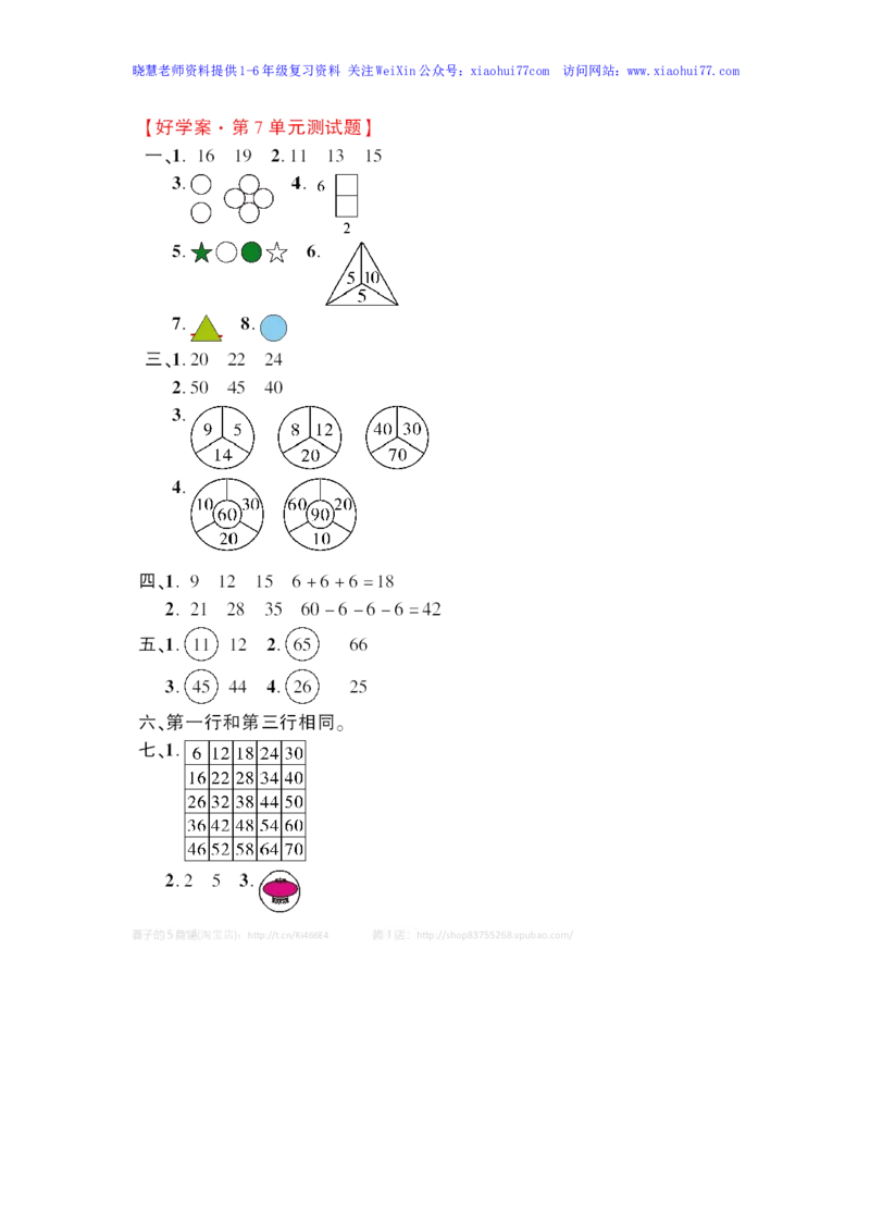 人教新课标数学一年级下学期第7单元测试卷1_小学1-6年级全部试卷_数学_一年级_3-6-4、小学一年级数学下册_3-6-4-2、练习题、作业、试题、试卷_人教版_单元测试卷