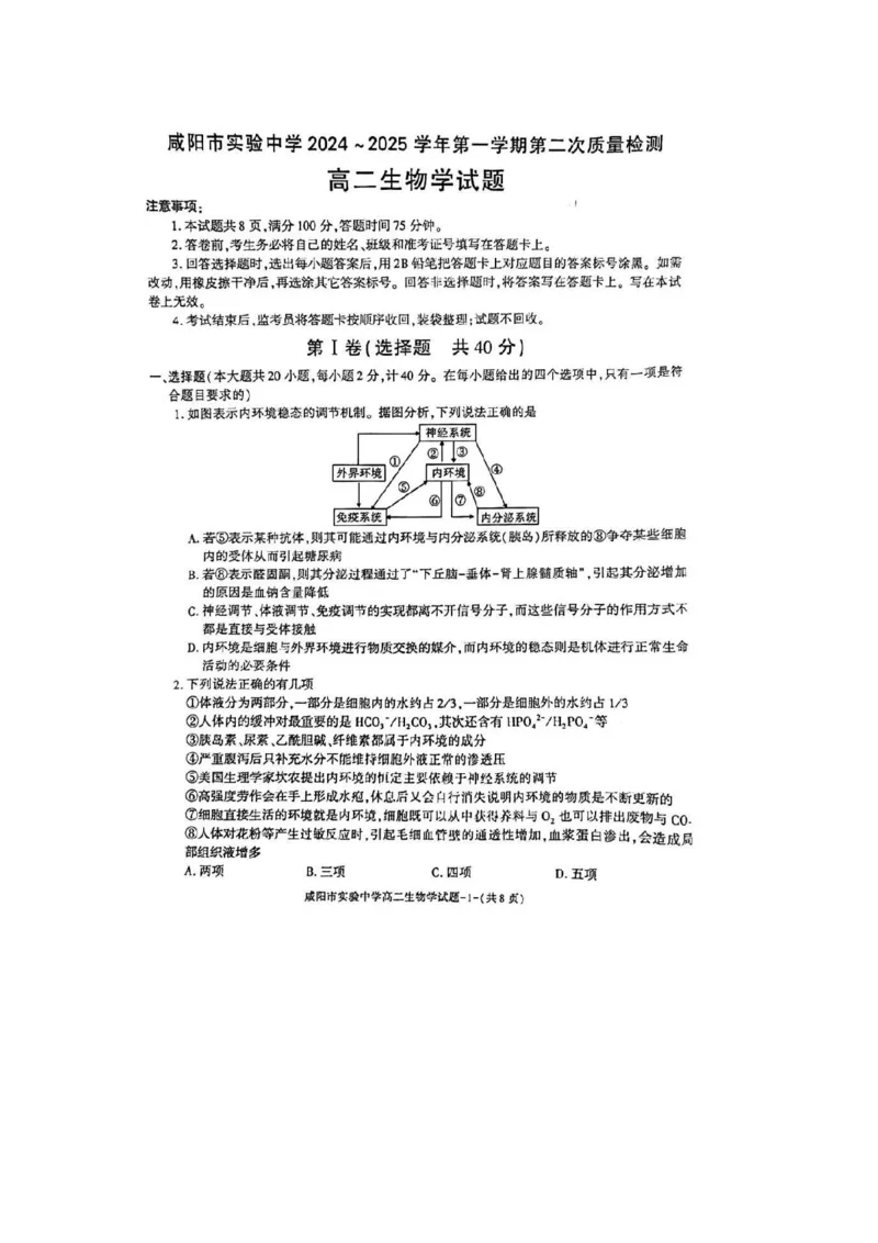 生物_2024-2025高二（7-7月题库）_2024年11月试卷_1112陕西省咸阳市实验中学2024-2025学高二上学期第二次质量检测