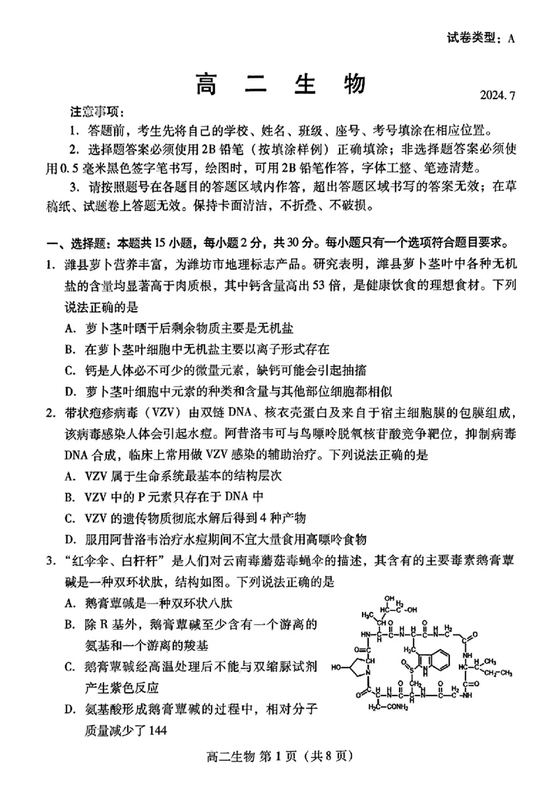 生物试题卷_2024-2025高三（6-6月题库）_2024年07月试卷_240712山东省潍坊市2024年7月高二年级下学期期末学习质量检测_山东省潍坊市2024年7月高二年级下学期期末学习质量检测生物