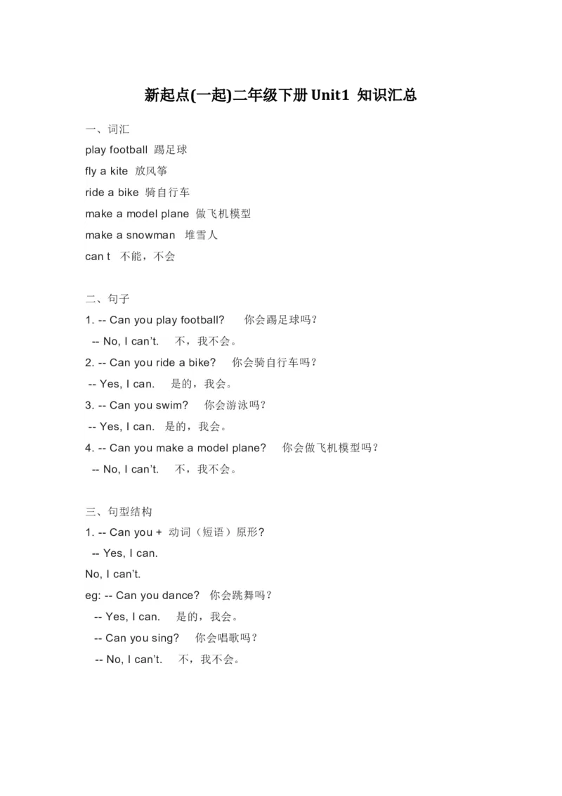 人教新起点英语二年级下册Unit1知识点汇总_小学1-6年级全部试卷_英语_二年级_3-7-6、小学二年级英语下册_3-7-6-1、复习、知识点、归纳汇总_人教版一起点