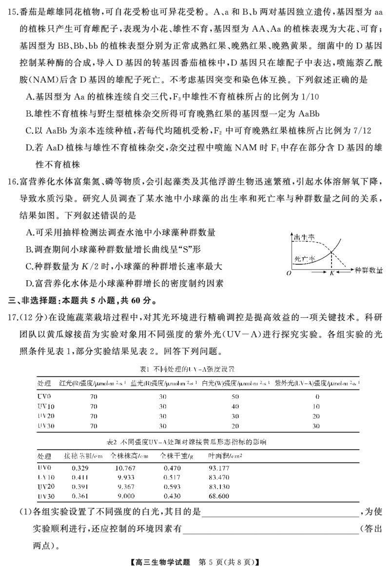 高三生物（试题）转曲2_2024-2025高三（6-6月题库）_2024年12月试卷_1215T8联盟湖南省五市十校2024-2025高三第一次学业质量评价（全科）_高三生物