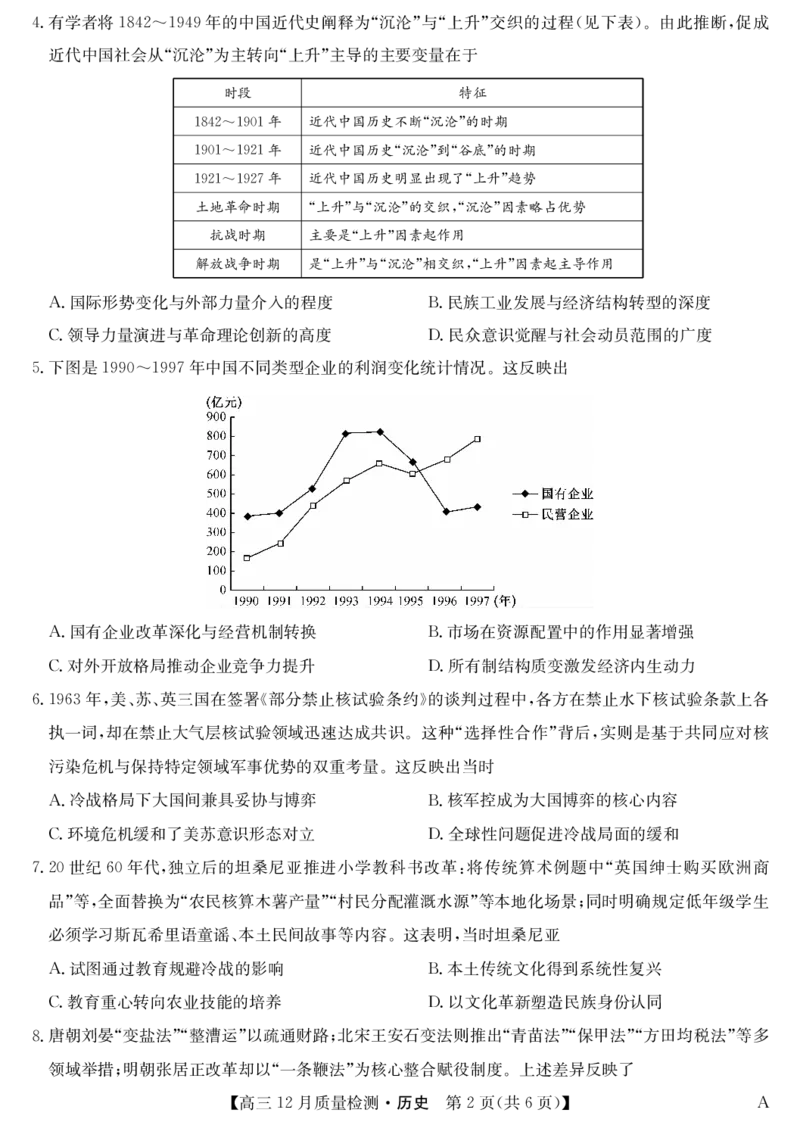 历史-12月质量检测（A）_2024-2026高三（6-6月题库）_2026年01月高三试卷_0103安徽省九师联盟2026届高三上学期12月质量检测（全）