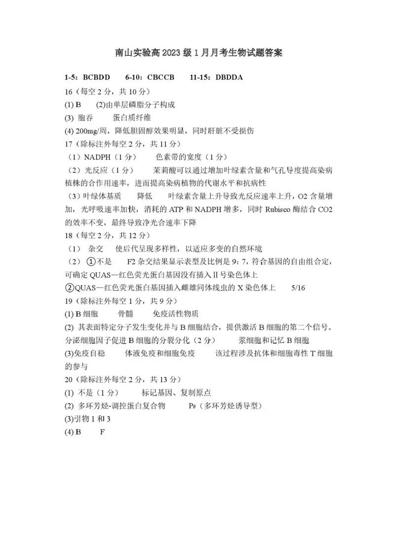 绵阳南山中学实验学校2025-2026学年高三上学期1月月考生物+答案_2024-2026高三（6-6月题库）_2026年01月高三试卷_0115四川省绵阳南山中学实验学校2025-2026学年高三上学期1月月考