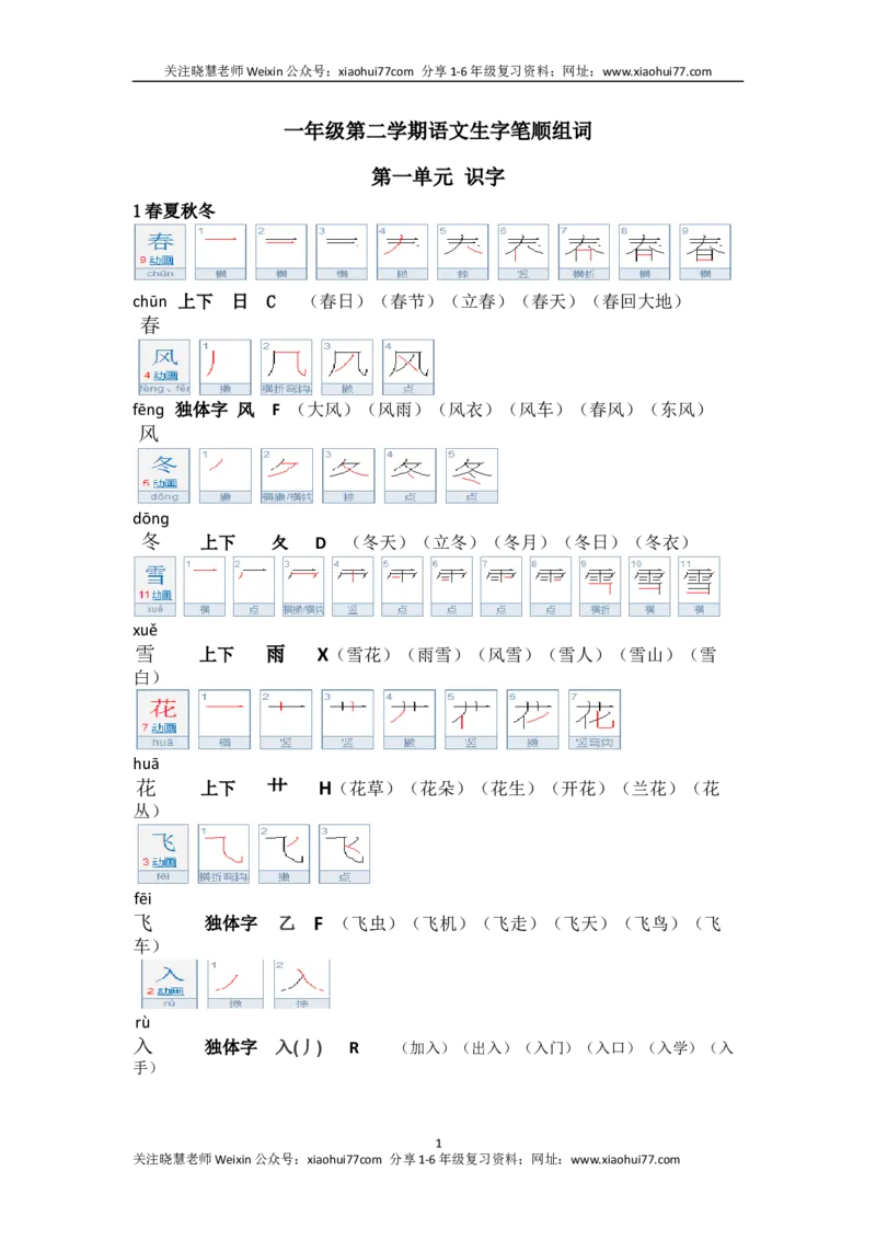 一年级第二学期语文生字笔顺组词（整合版）_小学1-6年级全部试卷_语文_一年级_3-6-2、小学一年级语文下册_3-6-2-1、复习、知识点、归纳汇总_通用