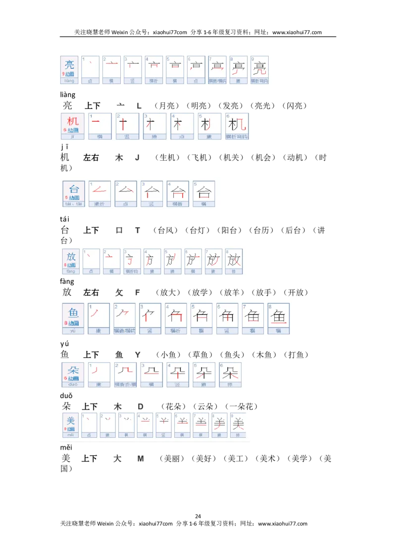 一年级第二学期语文生字笔顺组词（整合版）_小学1-6年级全部试卷_语文_一年级_3-6-2、小学一年级语文下册_3-6-2-1、复习、知识点、归纳汇总_通用