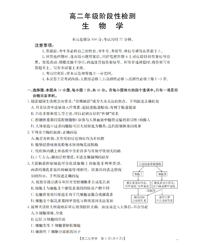 生物学_扫描版_2024-2025高二（7-7月题库）_2026年1月高二_260130金太阳&middot;甘肃省陇南地区2025-2026学年高二上学期阶段性检测（全）