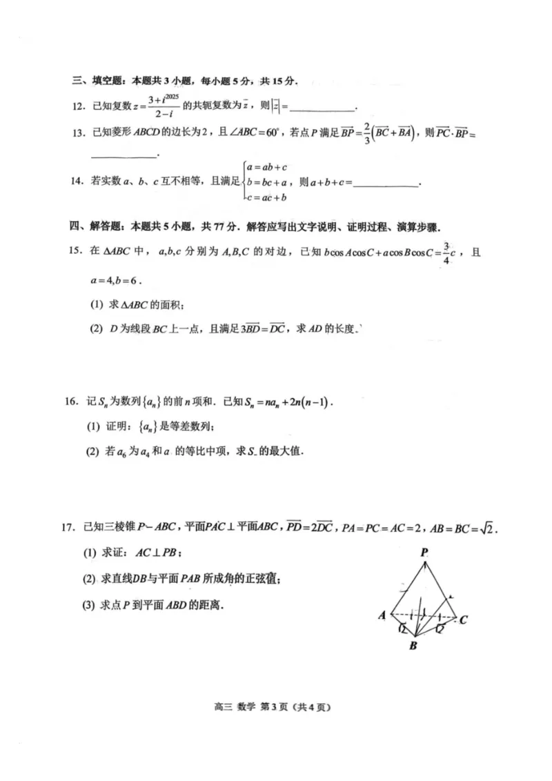 重庆市西南大学附属中学校2024-2025学年高三上学期11月阶段性检测(二)数学试题_2024-2025高三（6-6月题库）_2024年12月试卷