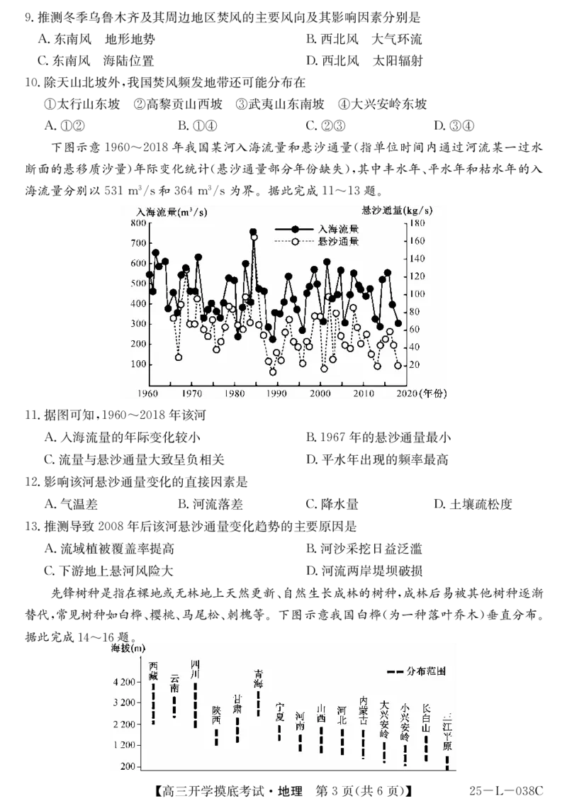 青海省西宁市大通2024-2025学年高三上学期开学摸底考试（25-L-038C）地理+答案+卡_2024-2025高三（6-6月题库）_2024年09月试卷