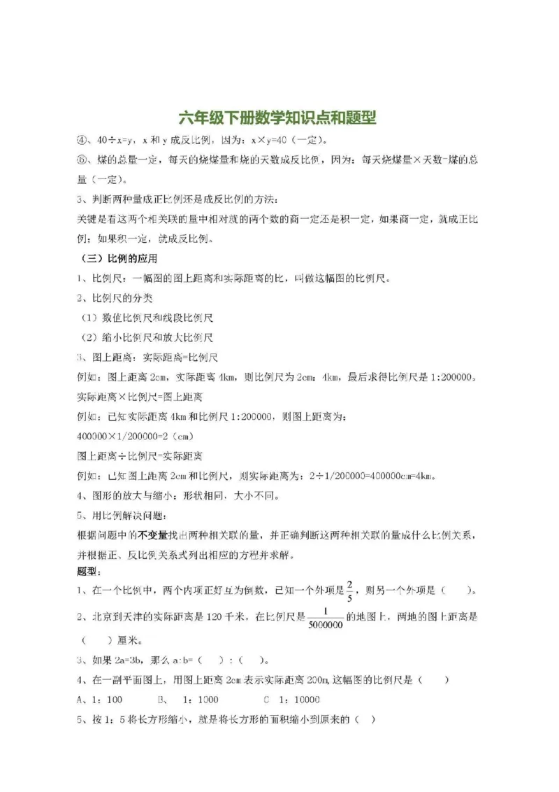 人教版六（下）数学全册知识要点_小学1-6年级全部试卷_数学_六年级_3-11-4、小学六年级数学下册_3-11-4-1、复习、知识点、归纳汇总_人教版
