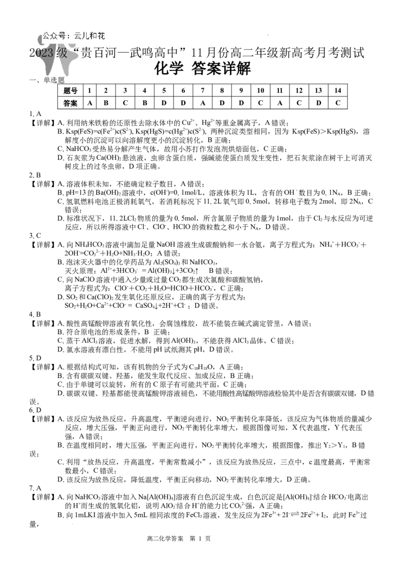（化学）2023级&ldquo;贵百河&mdash;武鸣高中&rdquo;11月高二月考答案详解_2024-2025高二（7-7月题库）_2024年12月试卷_1207广西&ldquo;贵百河&mdash;武鸣高中&rdquo;2024-2025学年高二上学期11月期中考试