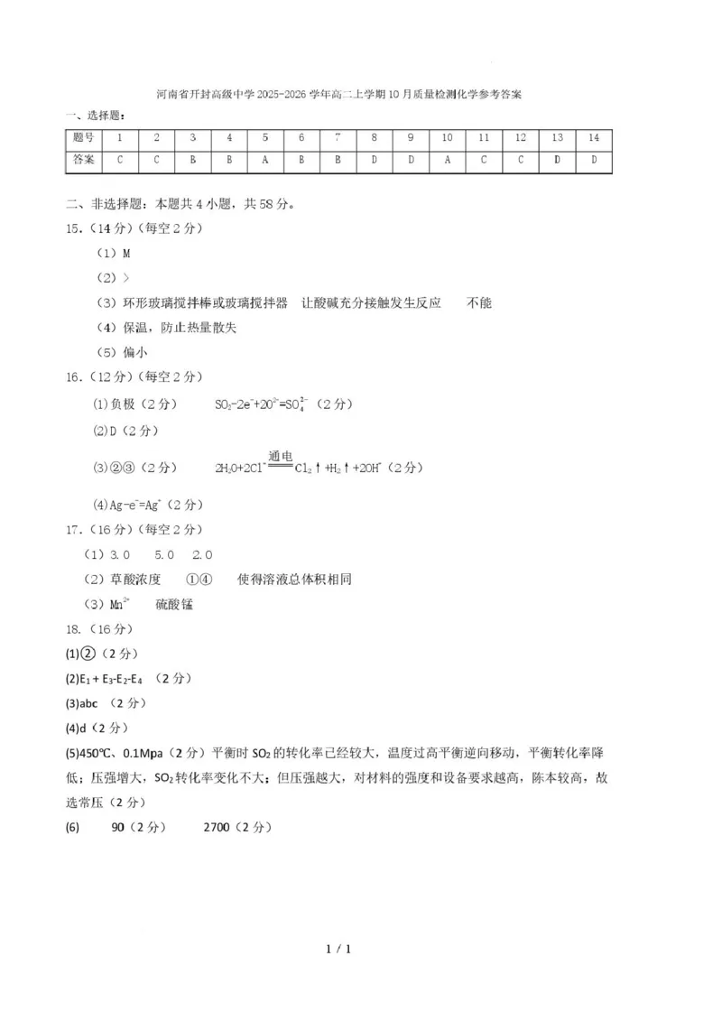 河南省开封高级中学2025-2026学年高二上学期10月质量检测化学_2025年10月高二试卷_251023河南省开封高级中学2025-2026学年高二上学期10月质量检测