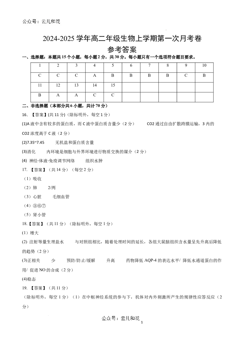 高二生物第一次月考卷（参考答案）（北京专用）_2024-2025高二（7-7月题库）_2024年09月试卷_0924黄金卷：2024-2025学年高二上学期第一次月考9科word解析版含答题卡（北京专用）