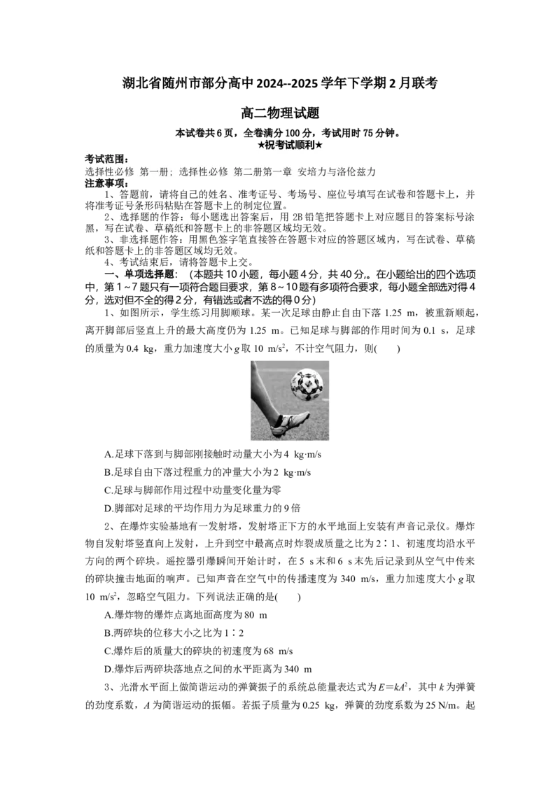高二物理试题_2024-2025高二（7-7月题库）_2025年02月试卷_0228湖北省随州市部分高中2024-2025学年高二下学期2月联考