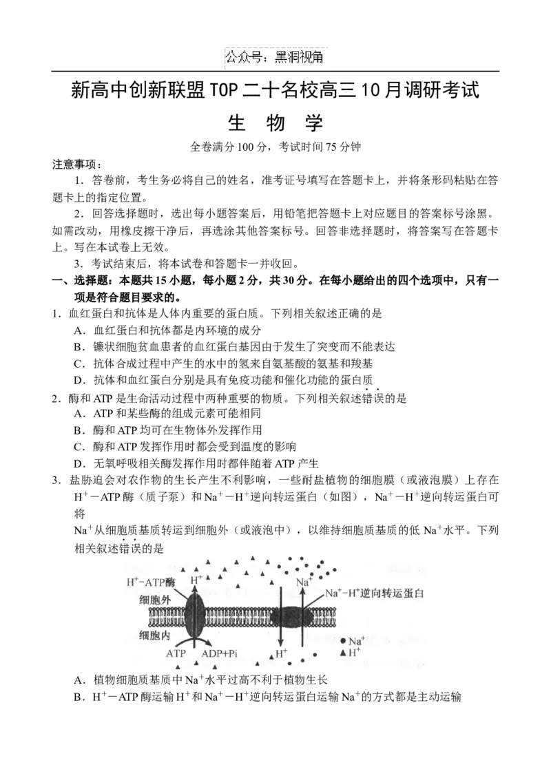 生物-副本_2024-2026高三（6-6月题库）_2024年10月试卷_1018河南省新高中创新联盟TOP二十名校2024-2025学年高三上学期10月调研考试