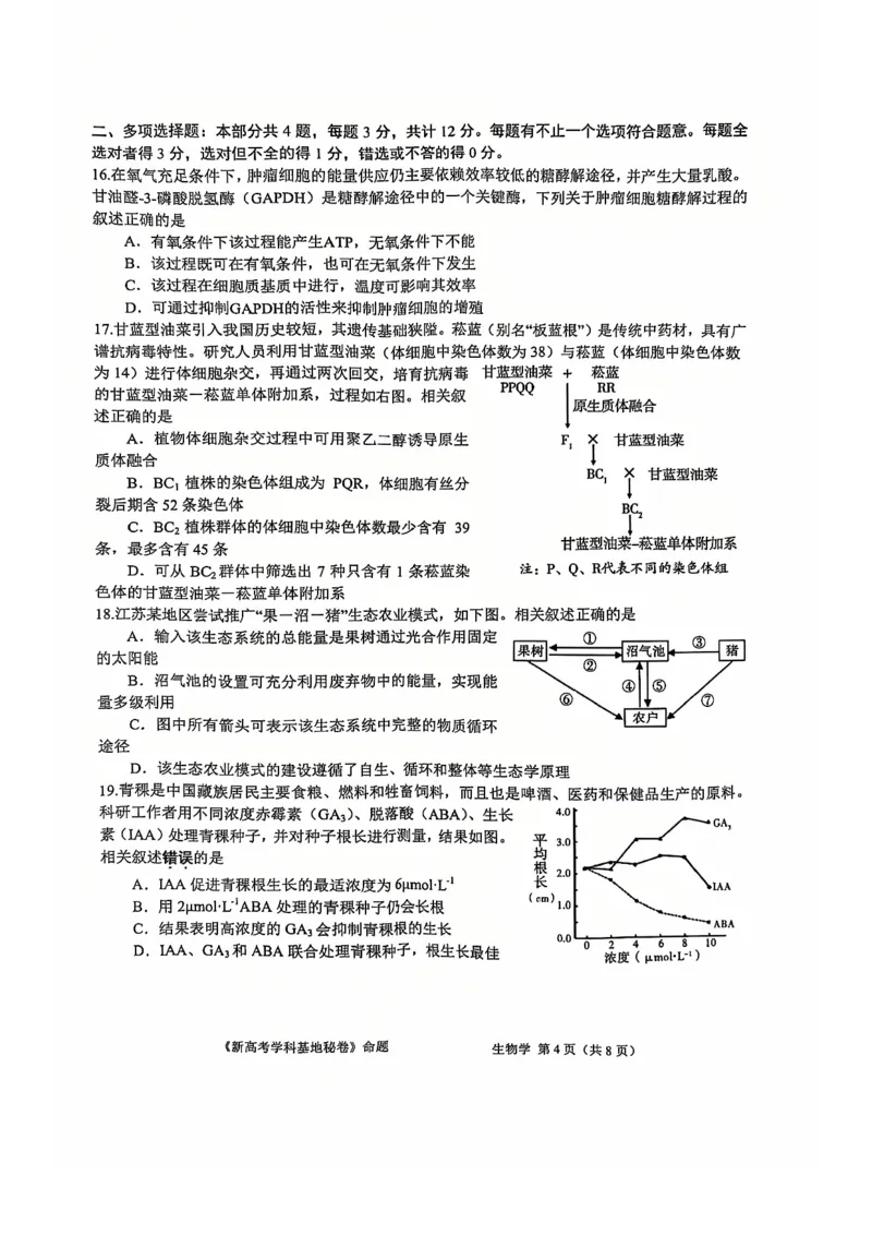 生物试题+答案2025届新高考基地学校第一次大联考_2024-2025高三（6-6月题库）_2024年12月试卷_1225江苏省新高考基地学校2024-2025学年高三上学期12月第一次大联考（全科）_生物