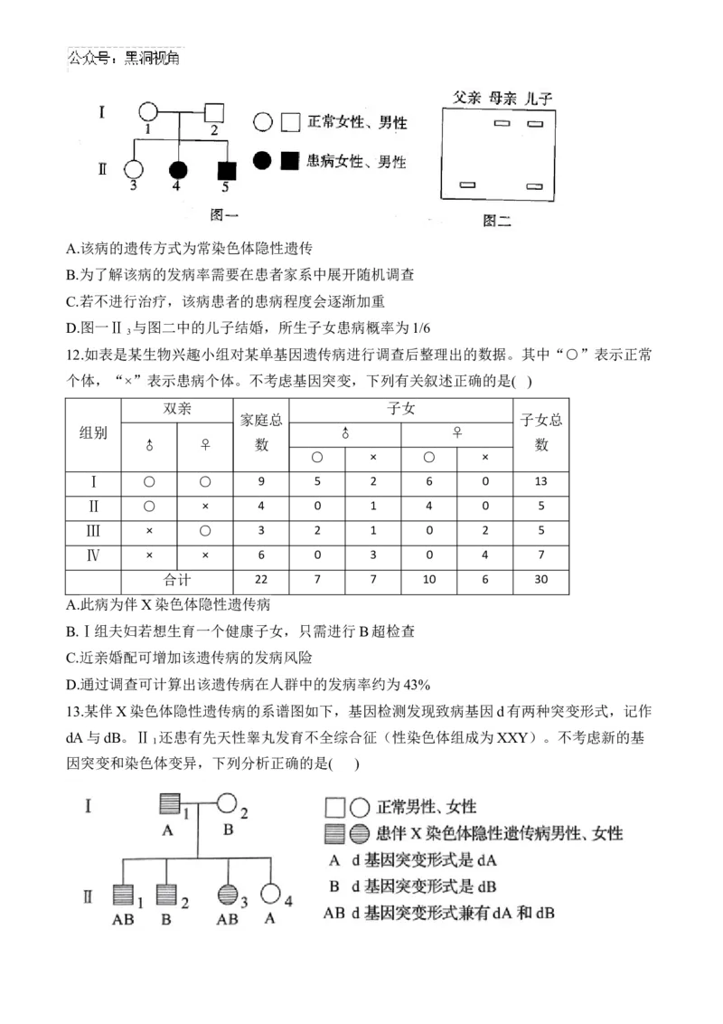 （12）伴性遗传和人类遗传病&mdash;&mdash;2025届高考生物二轮复习易错重难提升（含解析）_2024-2025高三（6-6月题库）_2025年02月试卷_02162025届高考生物二轮复习易错重难提升（含解析）