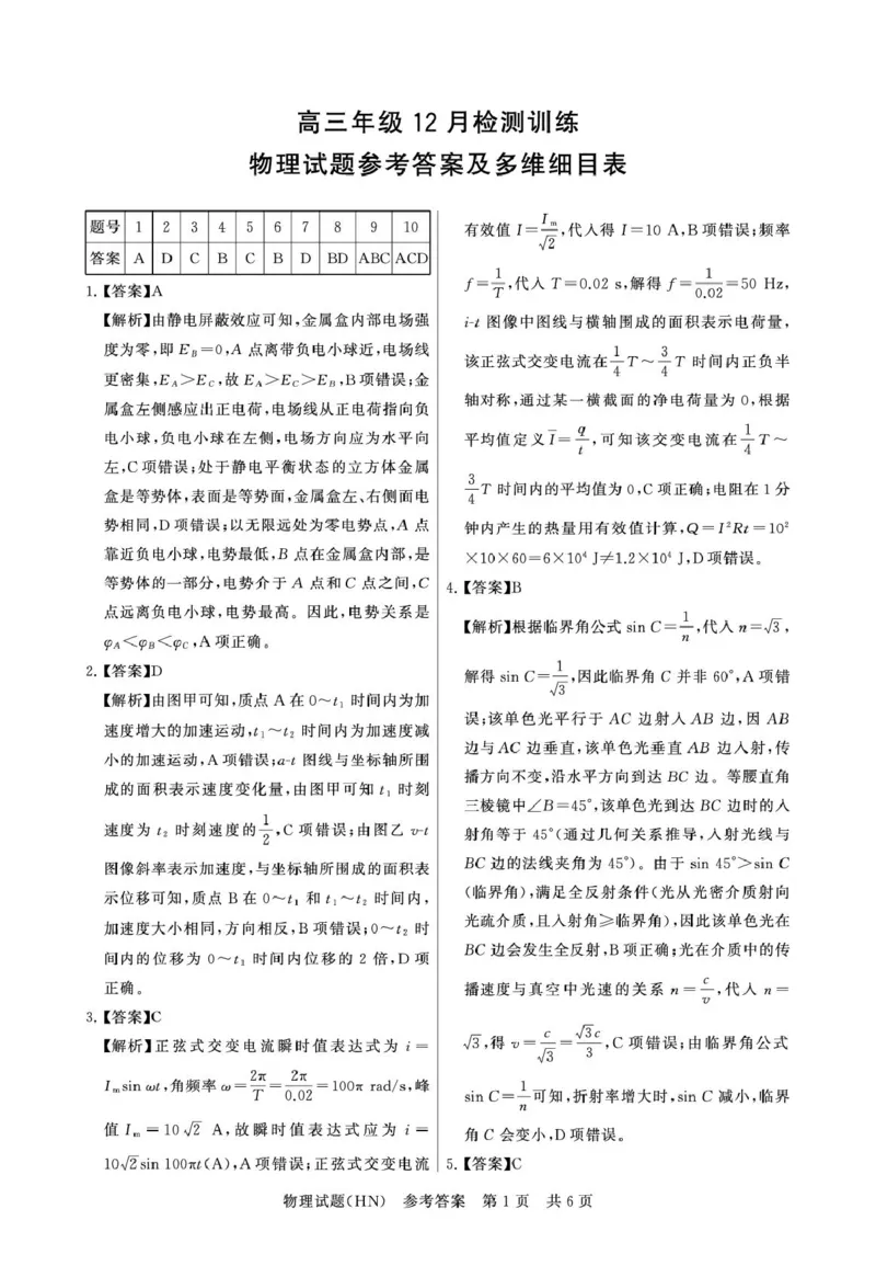 T8联考2026届高三年级12月检测训练物理(河南)答案_2024-2026高三（6-6月题库）_2025年12月高三试卷_251227（河南、河北、湖南、湖北、山西省）T8联考2026届高三年级12月检测训练（全）