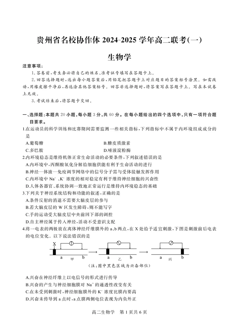 贵州省名校协作体2024-2025学年高二上学期12月联考（一）生物试题_2024-2025高二（7-7月题库）_2024年12月试卷_1209贵州省名校协作体2024-2025学年高二上学期联考（一）（12月）