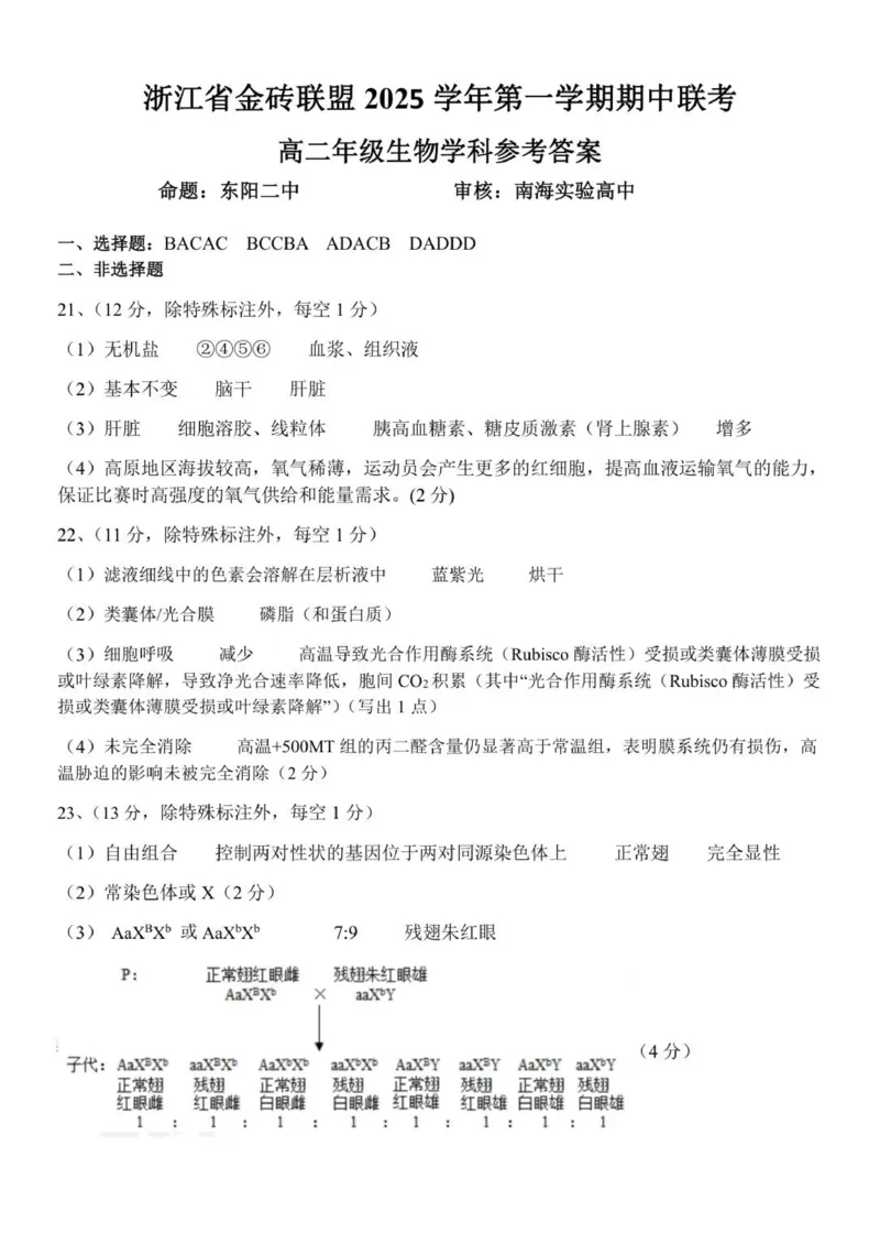 高二生物答案(1)_251207浙江省金砖高中联盟2025-2026学年高二上学期11月期中考试（全）_浙江省金砖联盟2025-2026学年高二上学期期中联考生物试题(有答案)