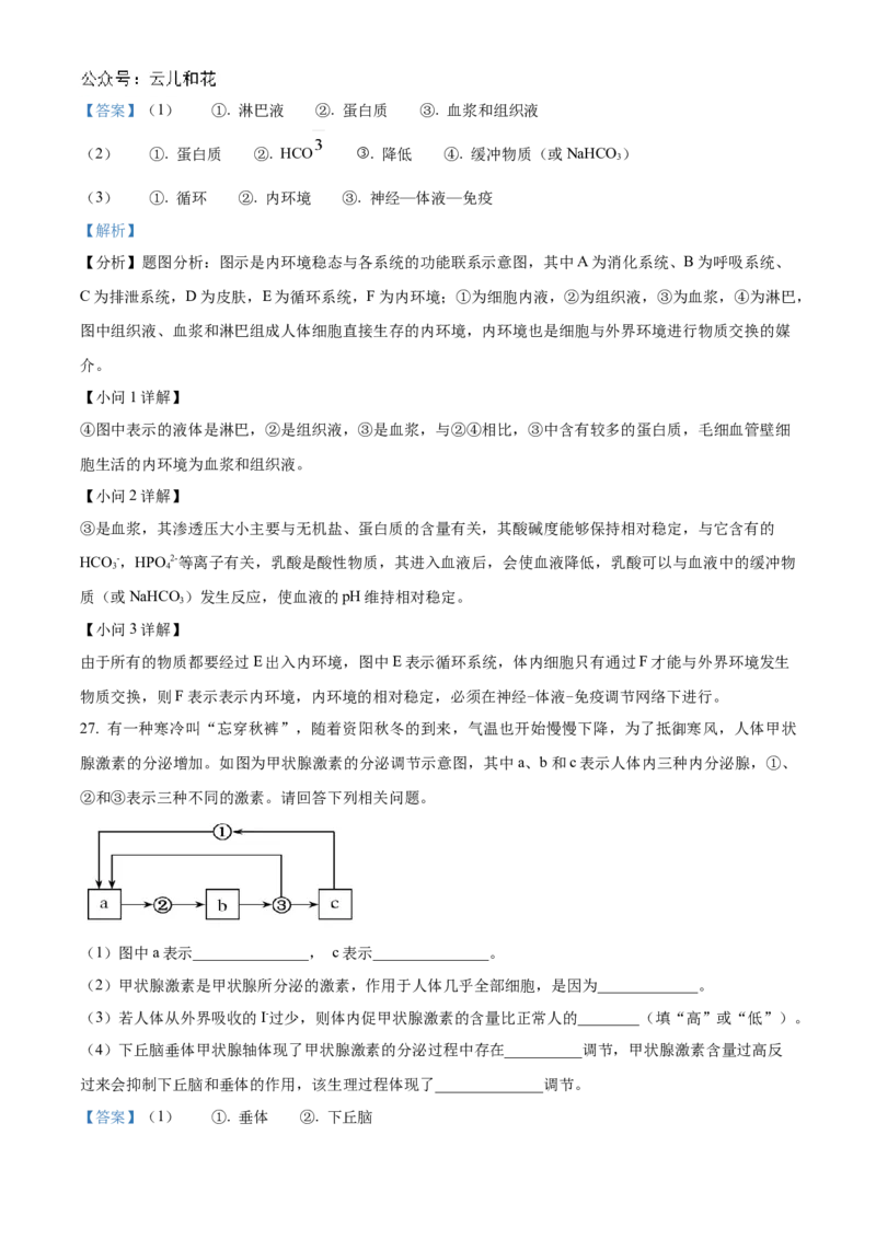 甘肃省武威市凉州区2024-2025学年高二上学期期中质量检测生物试卷Word版含解析_2024-2025高二（7-7月题库）_2024年12月试卷_1204甘肃省武威市凉州区2024-2025学年高二上学期期中质量检测
