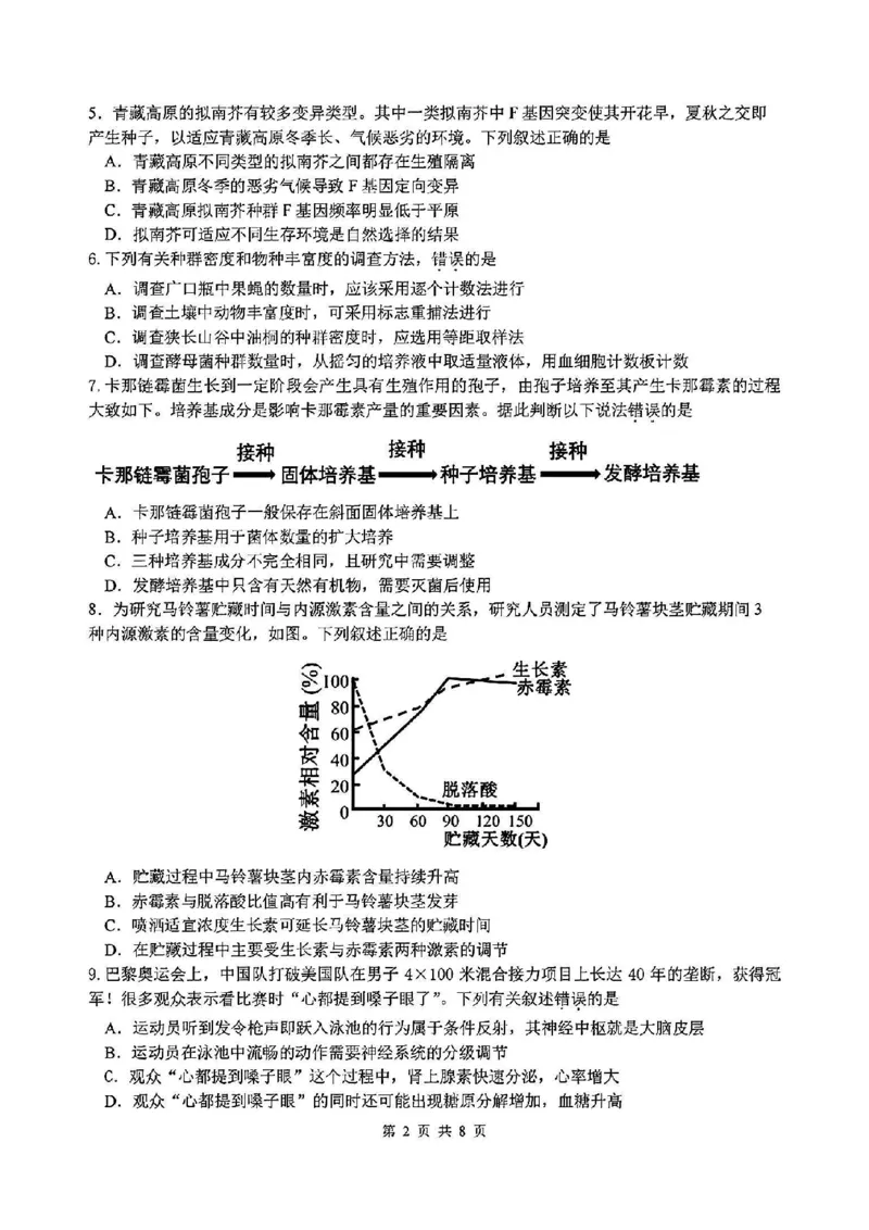 生物试卷_2024-2025高三（6-6月题库）_2025年02月试卷_02152025年2月浙江G12名校协作体高三返校考（全科）_浙江省名校协作体2024-2025学年高三下学期联考生物