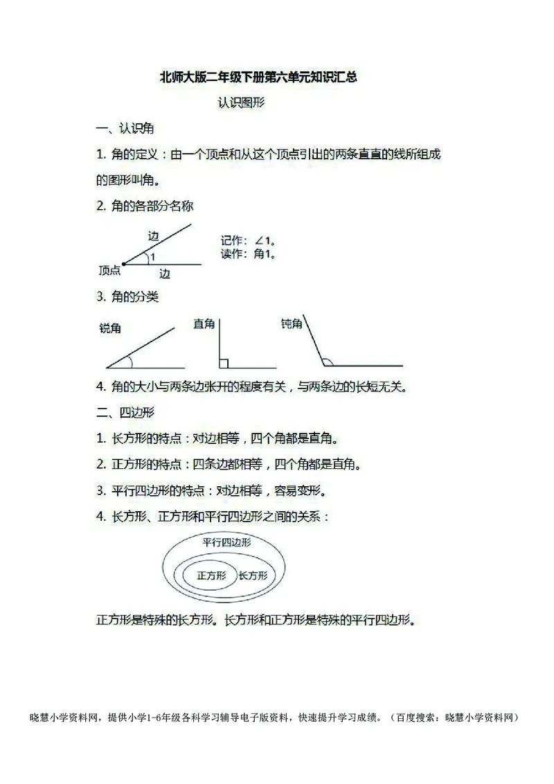 二年级下册数学北师大版知识要点汇总_小学1-6年级全部试卷_数学_二年级_3-7-4、小学二年级数学下册_3-7-4-1、复习、知识点、归纳汇总_北师大版