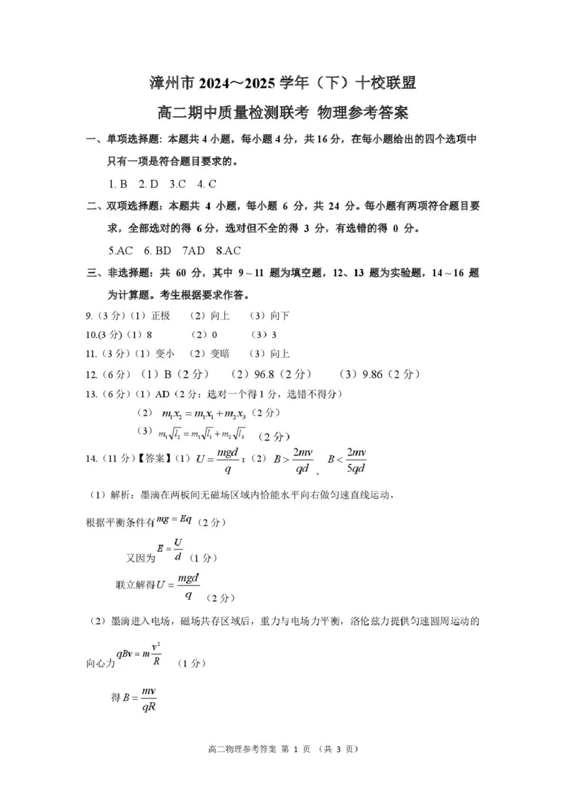 福建省漳州市十校联盟2024-2025学年高二下学期期中考试物理PDF版含答案_2024-2025高二（7-7月题库）_2025年05月试卷_0527福建省漳州市十校联盟2024-2025学年高二下学期期中考试