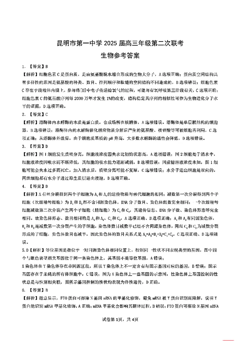 生物答案_2024-2025高三（6-6月题库）_2024年09月试卷_0927云南省昆明市第一中学2025届高三第二次联考_云南省昆明市第一中学2024-2025学年高三上学期第二次联考生物