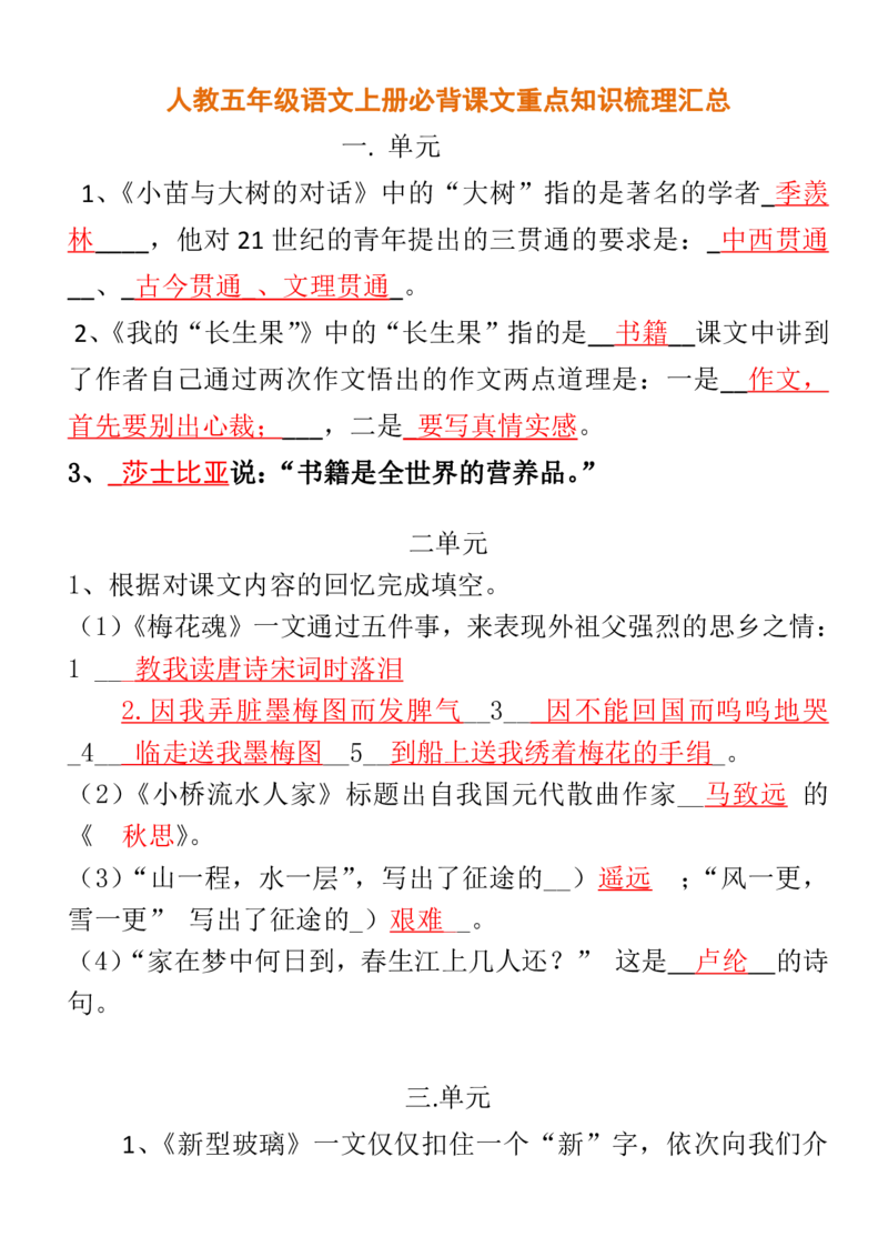 人教五年级语文上册必背课文重点知识梳理汇总_小学1-6年级全部试卷_语文_五年级_3-10-1、小学五年级语文上册_3-10-1-1、复习、知识点、归纳汇总_人教版