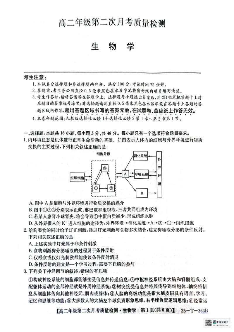 高二生物_2024-2025高二（7-7月题库）_2024年12月试卷_1225陕西省榆林市府谷县部分学校2024-2025学年高二上学期12月月考试题