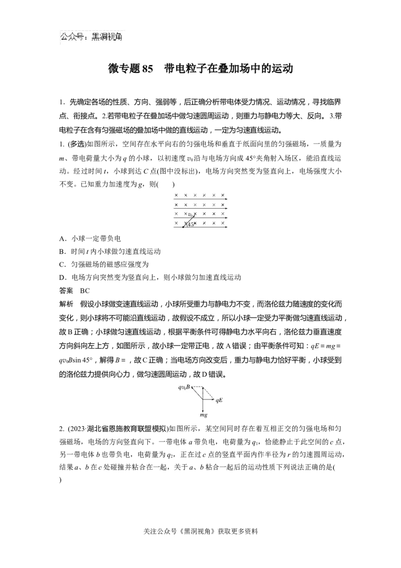 第十一章微专题85　带电粒子在叠加场中的运动_2024-2026高三（6-6月题库）_2024年08月试卷_08272025版高考物理步步高《加练半小时》_2025版物理步步高《加练半小时》
