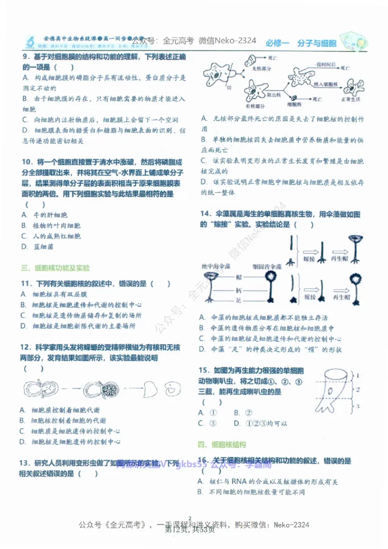 高一生物刷题课讲义1-15讲必修一-薄本@_2024-2025高三（6-6月题库）_2024年09月试卷_李林