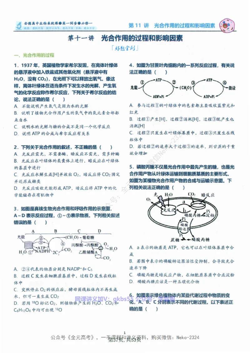 高一生物刷题课讲义1-15讲必修一-薄本@_2024-2025高三（6-6月题库）_2024年09月试卷_李林