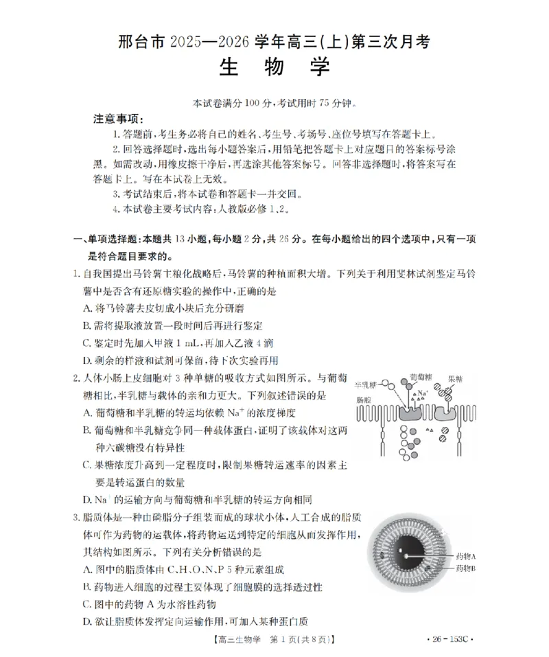河北省邢台市2025-2026学年高三（上）第三次月考（26-153C）生物_2024-2026高三（6-6月题库）_2026年01月高三试卷_0103金太阳&middot;河北省邢台市2025-2026学年高三（上）第三次月考（26-153C）（全）