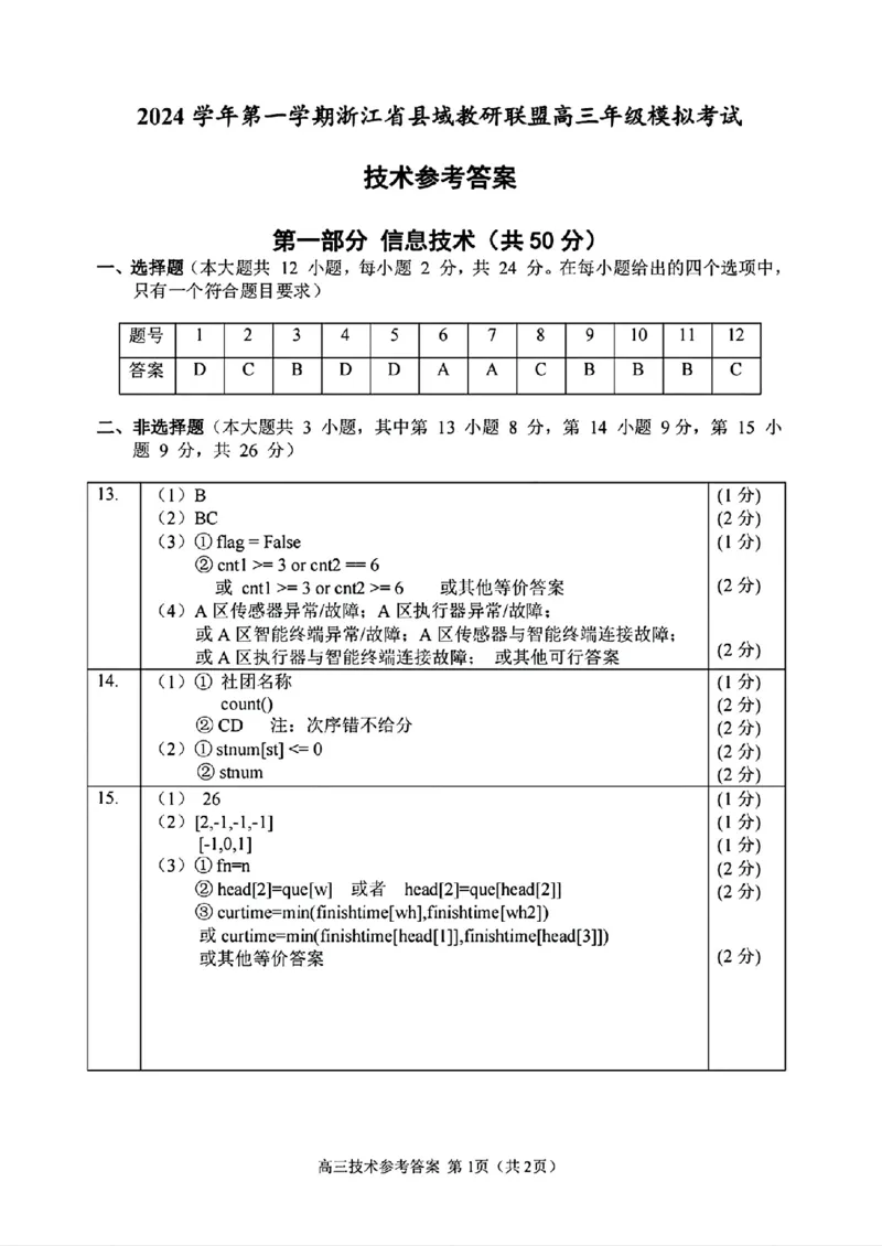 浙江省县域教研联盟2025届高三摸底考试技术答案_2024-2025高三（6-6月题库）_2024年12月试卷_1208浙江省县域教研联盟2025届高三摸底考试_浙江省县域教研联盟2025届高三摸底考试技术