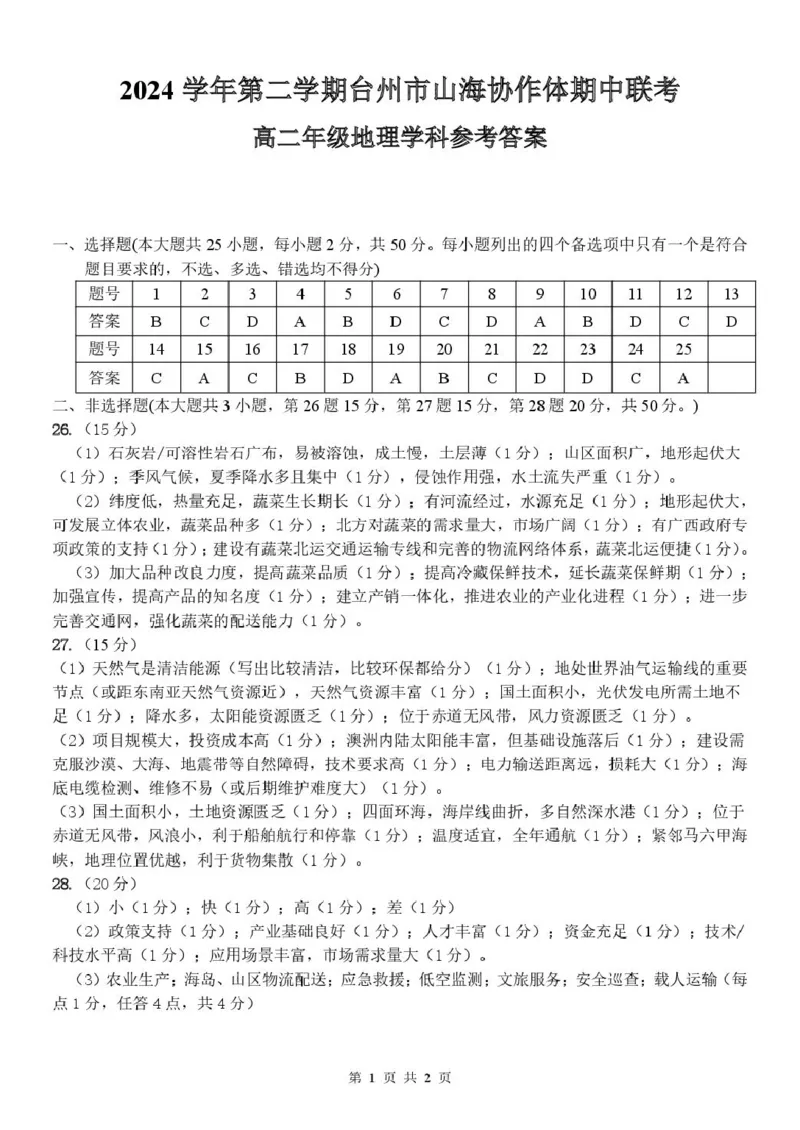 高二地理参考答案_2024-2025高二（7-7月题库）_2025年04月试卷(1)_0428浙江省台州市山海协作体2024-2025学年高二下学期4月期中联考