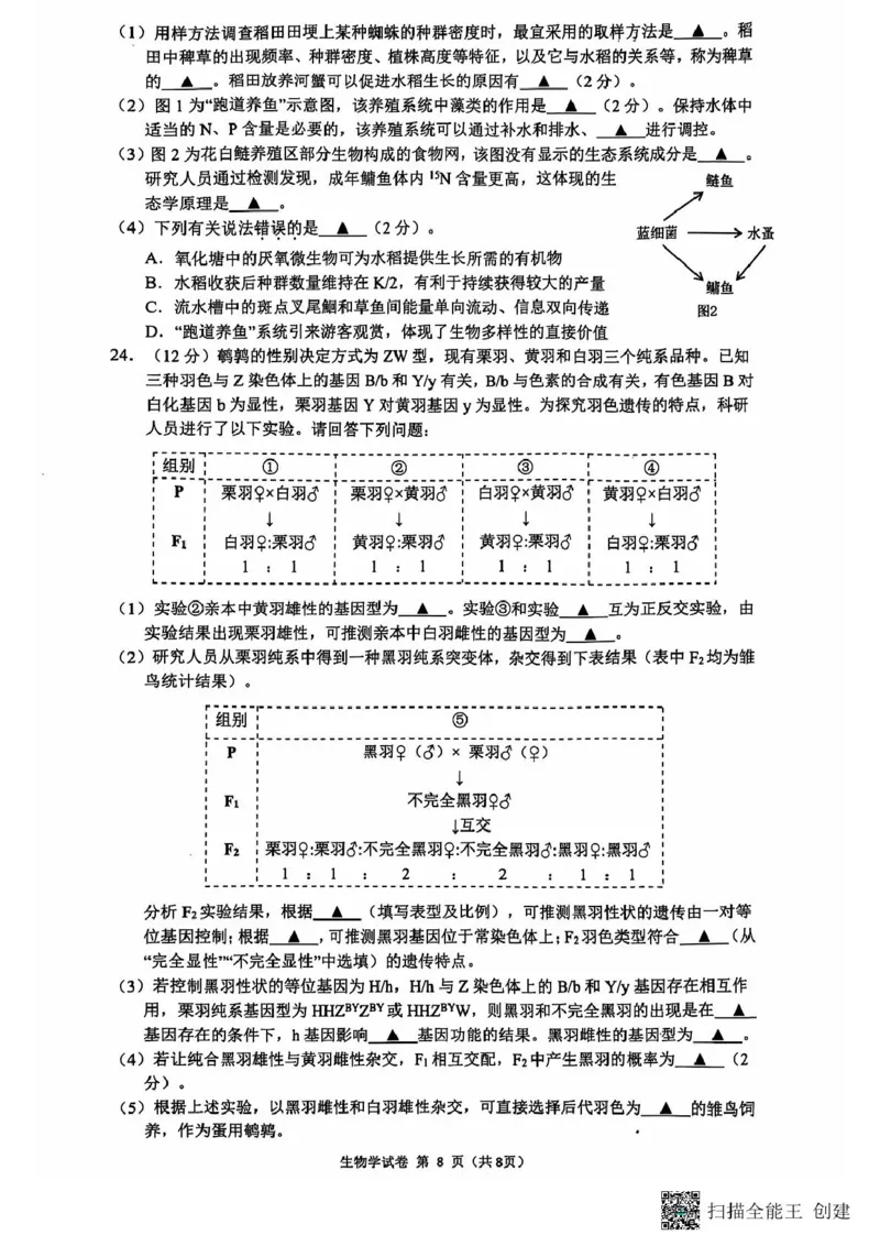 高三生物期中考试试题与答案-副本高三生物期中试题_2024-2025高三（6-6月题库）_2024年11月试卷_1118江苏省连云港市2024-2025学年高三第一学期期中调研考试（全科）