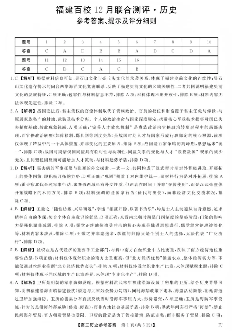 福建省百校2026届高三上学期12月联合测评历史答案_2024-2026高三（6-6月题库）_2025年12月高三试卷_251229福建省百校2026届高三上学期12月联合测评（全）