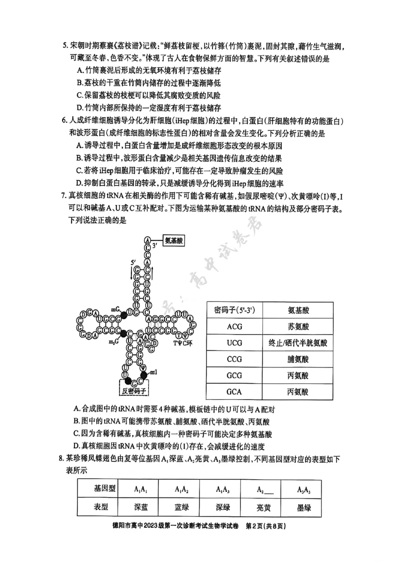 德阳市高中2023级第一次诊断考试生物_2024-2026高三（6-6月题库）_2025年12月高三试卷_251225四川省德阳市高中2023级第一次诊断考试（德阳一诊）（全科）