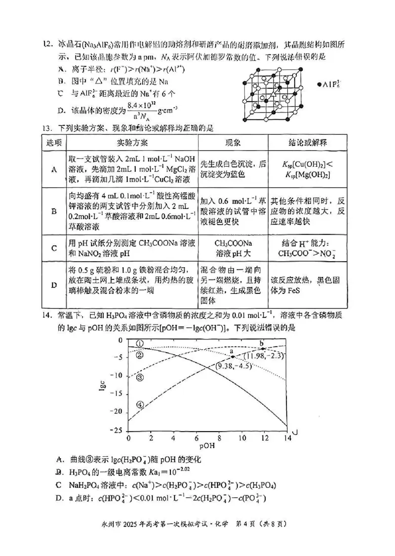 湖南省永州市2024-2025学年高三上学期一模化学试卷+参考答案及评分标准_2024-2025高三（6-6月题库）_2024年09月试卷_0912湖南省永州市2024-2025学年高三上学期一模