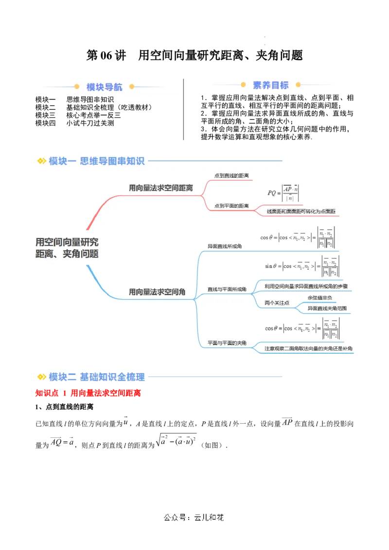第06讲用空间向量研究距离、夹角问题（思维导图+2知识点+6考点+过关检测）（解析版）_2024-2025高二（7-7月题库）_0708暑假自学课2024年新高二数学暑假提升精品讲义7.10新增