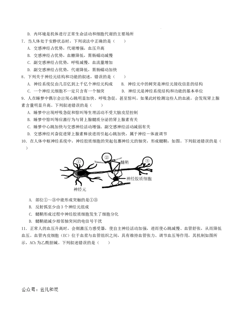 高二生物第一次月考卷（考试版A4）测试范围：第1-2章（人教版2019）_2024-2025高二（7-7月题库）_2024年09月试卷