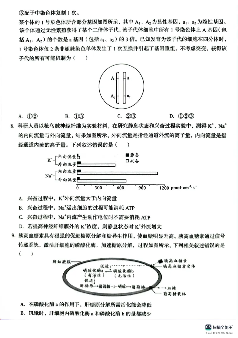 生物A10联盟2025届高三上学期开学考生物学试题和答案_2024-2025高三（6-6月题库）_2024年08月试卷_08282025届安徽A10联盟高三8月底开学摸底联考