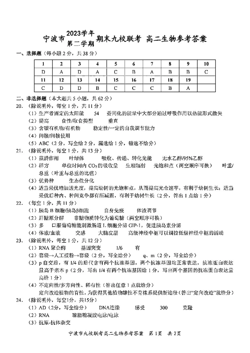 生物答案-2406宁波九校高二期末_2024-2025高二（7-7月题库）_2024年07月试卷_0703浙江省宁波市九校2023-2024学年高二下学期6月期末_浙江省宁波市九校2023-2024学年高二下学期6月期末生物