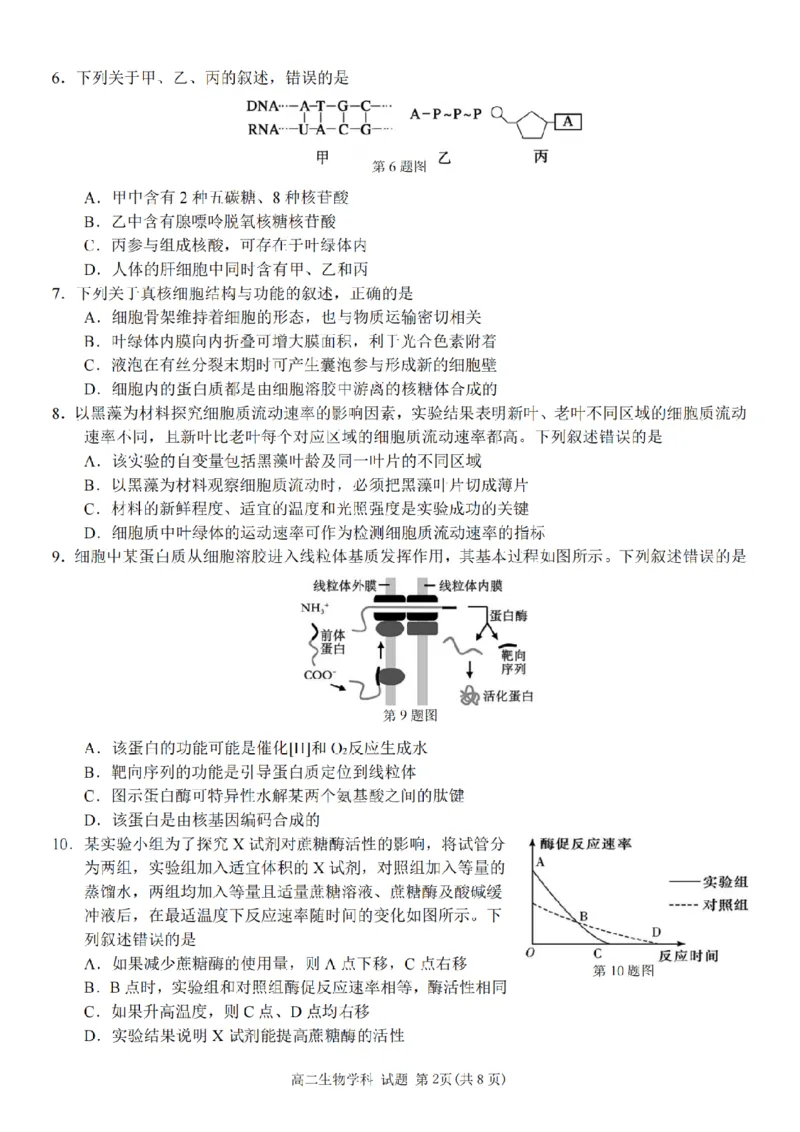 生物-浙南名校联盟2024学年高二第一学期返校联考_2024-2025高二（7-7月题库）_2024年09月试卷_0906浙南名校联盟2024学年高二第一学期返校联考