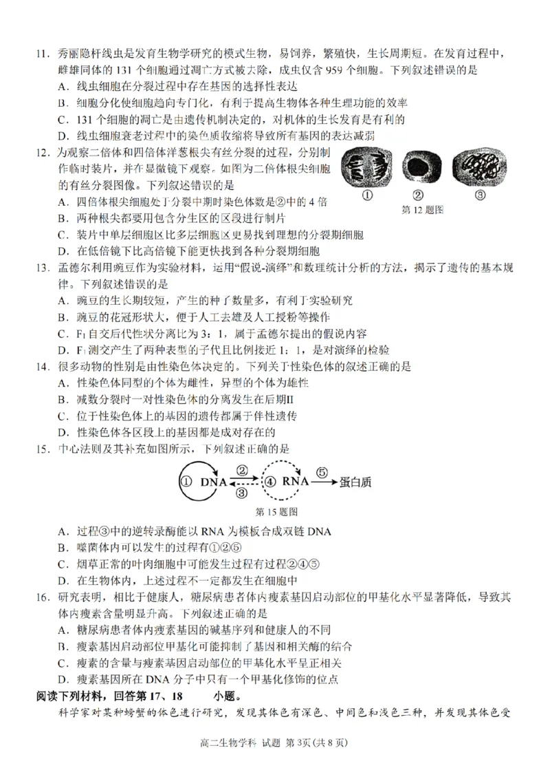 生物-浙南名校联盟2024学年高二第一学期返校联考_2024-2025高二（7-7月题库）_2024年09月试卷_0906浙南名校联盟2024学年高二第一学期返校联考