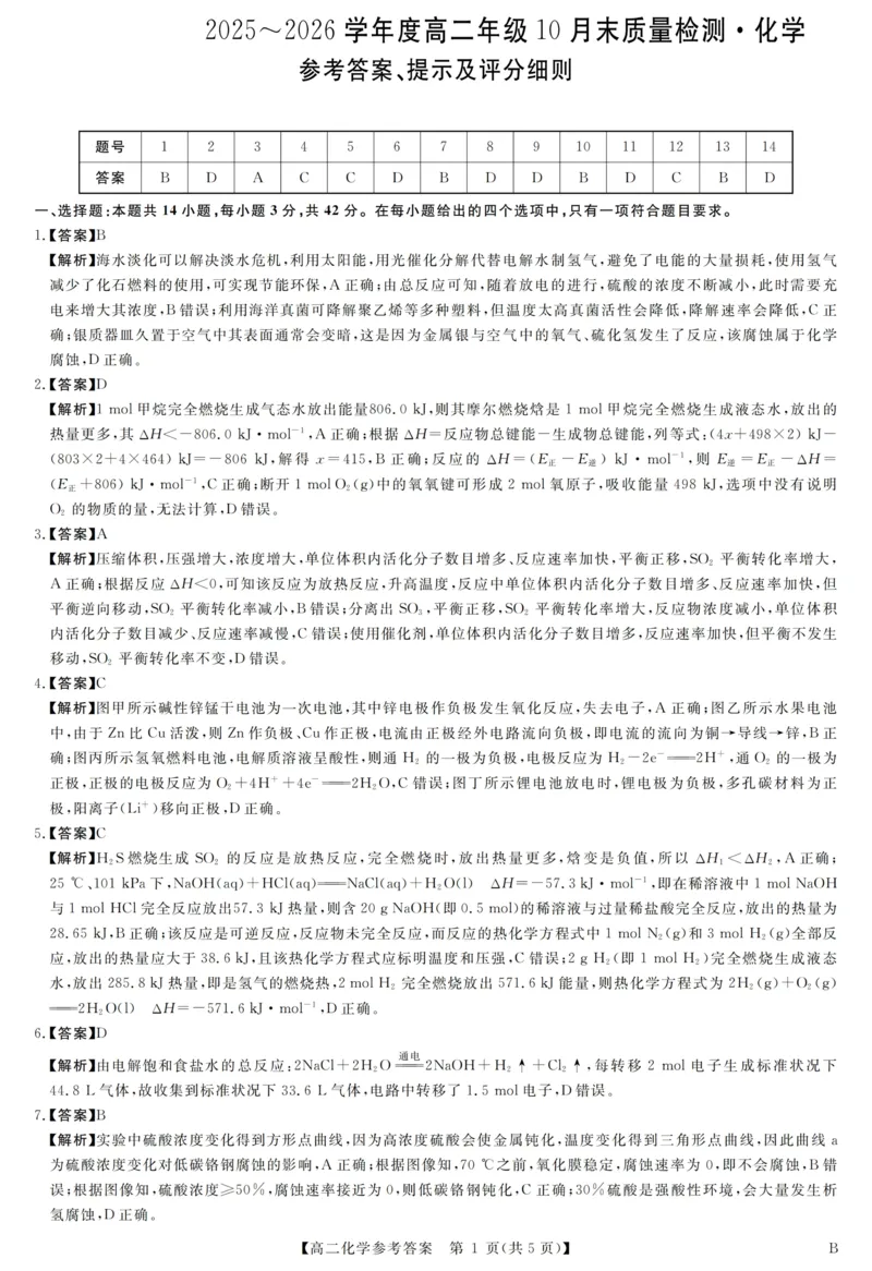 评分细则及答案详解-化学_2025年10月高二试卷_251031河南省部分重点中学2025-2026学年高二上学期10月末质量检测（全）