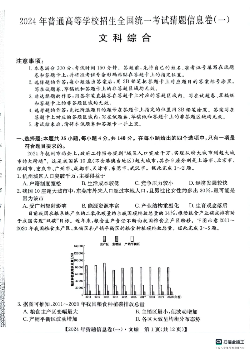 铜川市王益中学高三第十次模拟考试文综试题_2024年5月_01按日期_16号_2024年普通高等学校招生全国统一考试猜题信息卷（一）