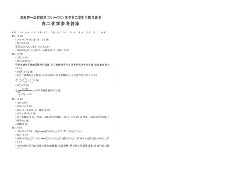 福建省龙岩市一级校联盟2024-2025学年高二下学期4月期中考试化学PDF版含答案_2024-2025高二（7-7月题库）_2025年05月试卷_0530福建省龙岩市一级校联盟2024-2025学年高二下学期4月期中考试